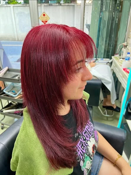 Vibrant Red Hair Color at Oilly Hair Salon Bangkok