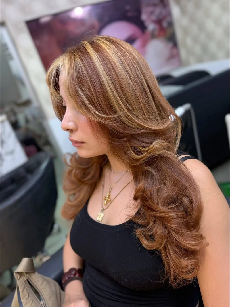 After highlights at Oilly Hair Salon Bangkok - warm copper brown with golden dimensional highlights