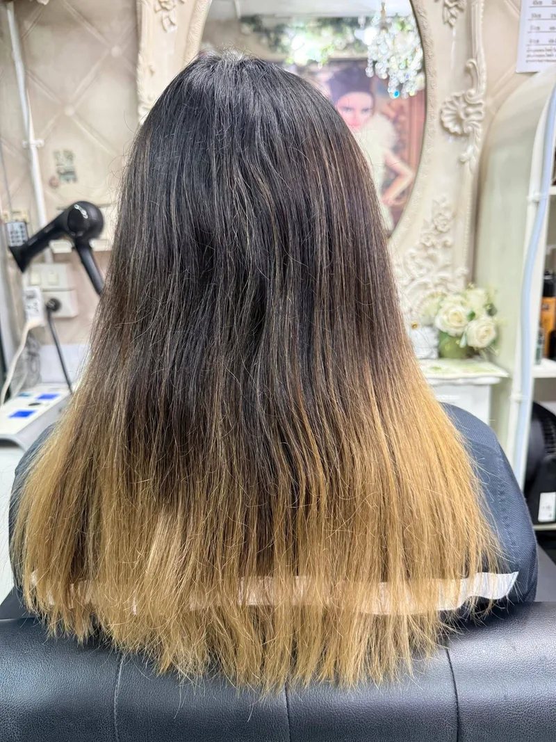 Before highlights at Oilly Hair Salon Bangkok - dark roots with faded brassy honey ombre and dry ends