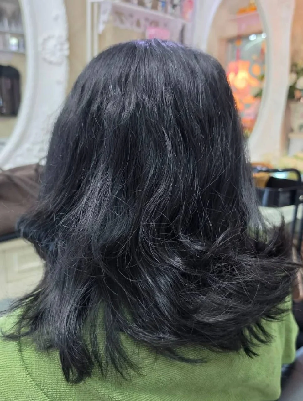 Before gray blending balayage on dark Asian hair in Bangkok