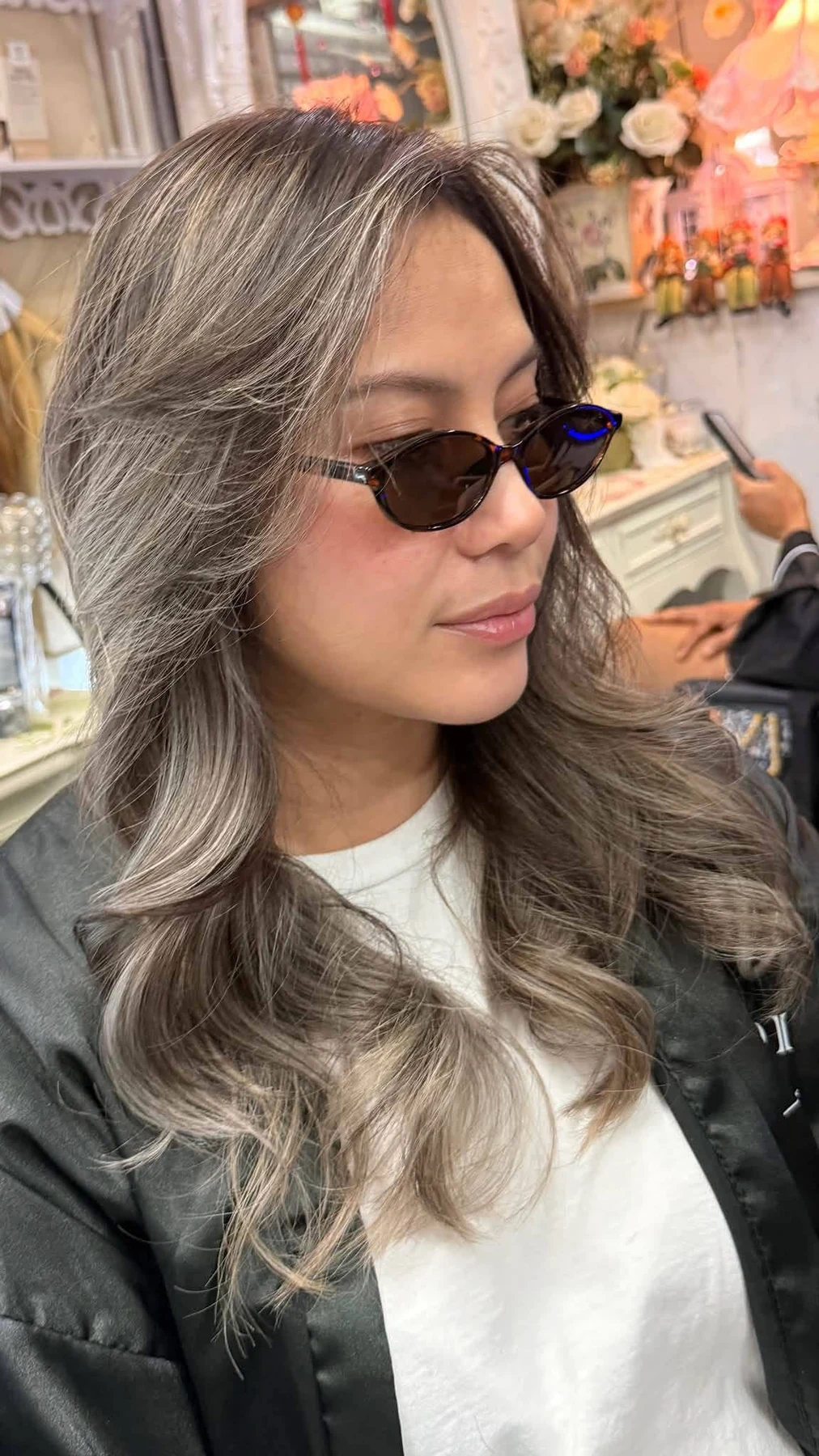 Ash grey balayage grey hair blending after result at Oilly Hair Salon Bangkok