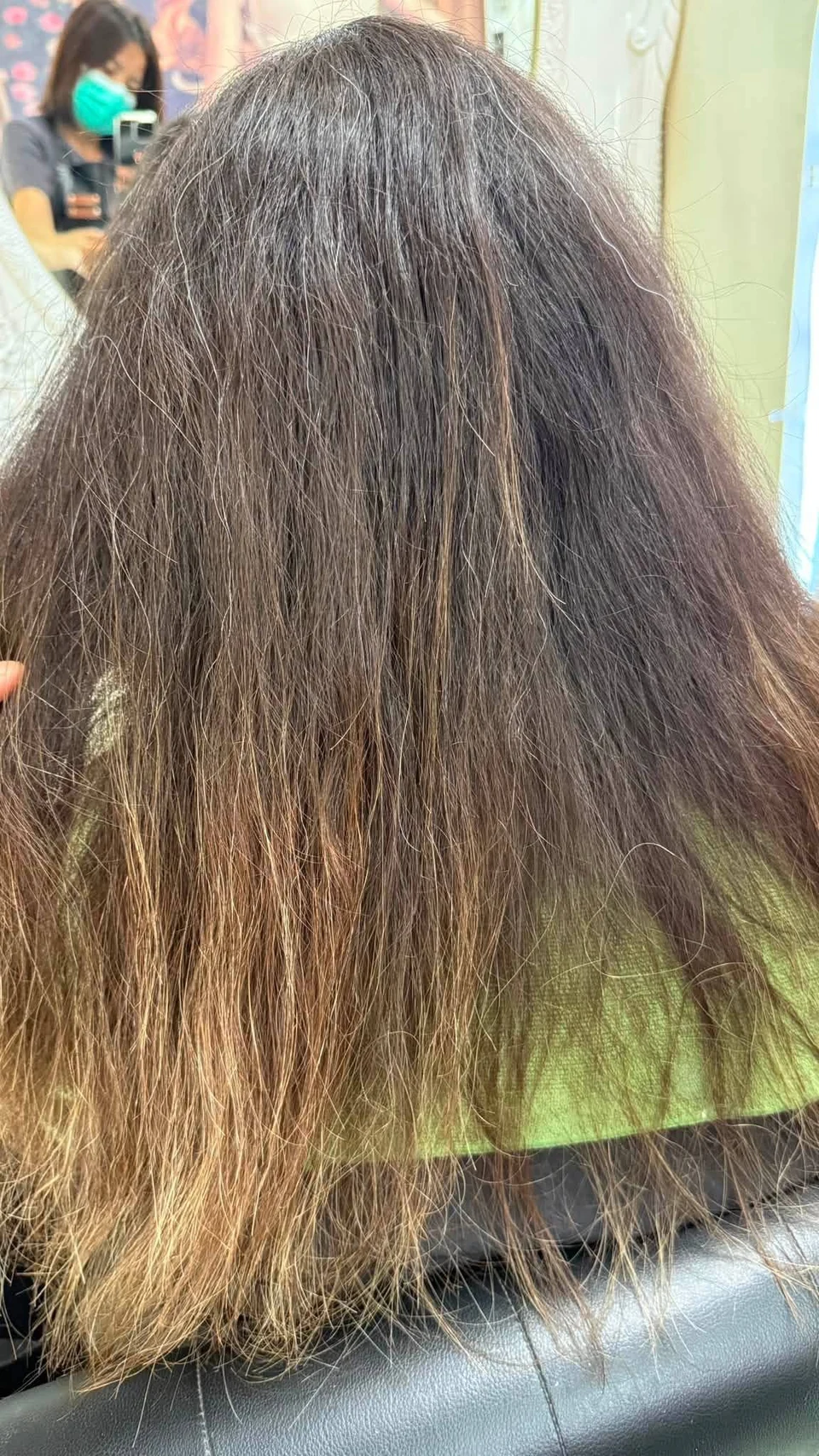 Hair before warm honey brown Balayage and keratin treatment in Bangkok