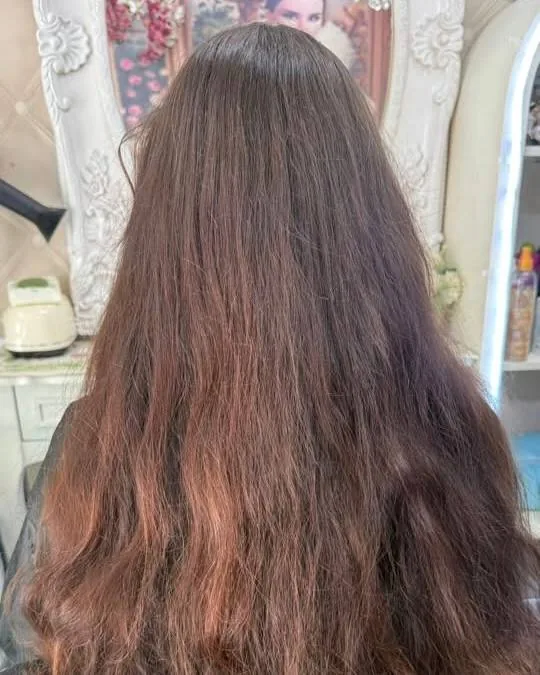 Before view showing long dark-dyed hair prior to Honey Beige Blonde AirTouch Balayage in Bangkok